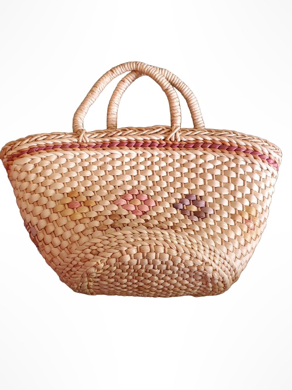 Handwoven Natural Straw Tote Bag with Pink Accent